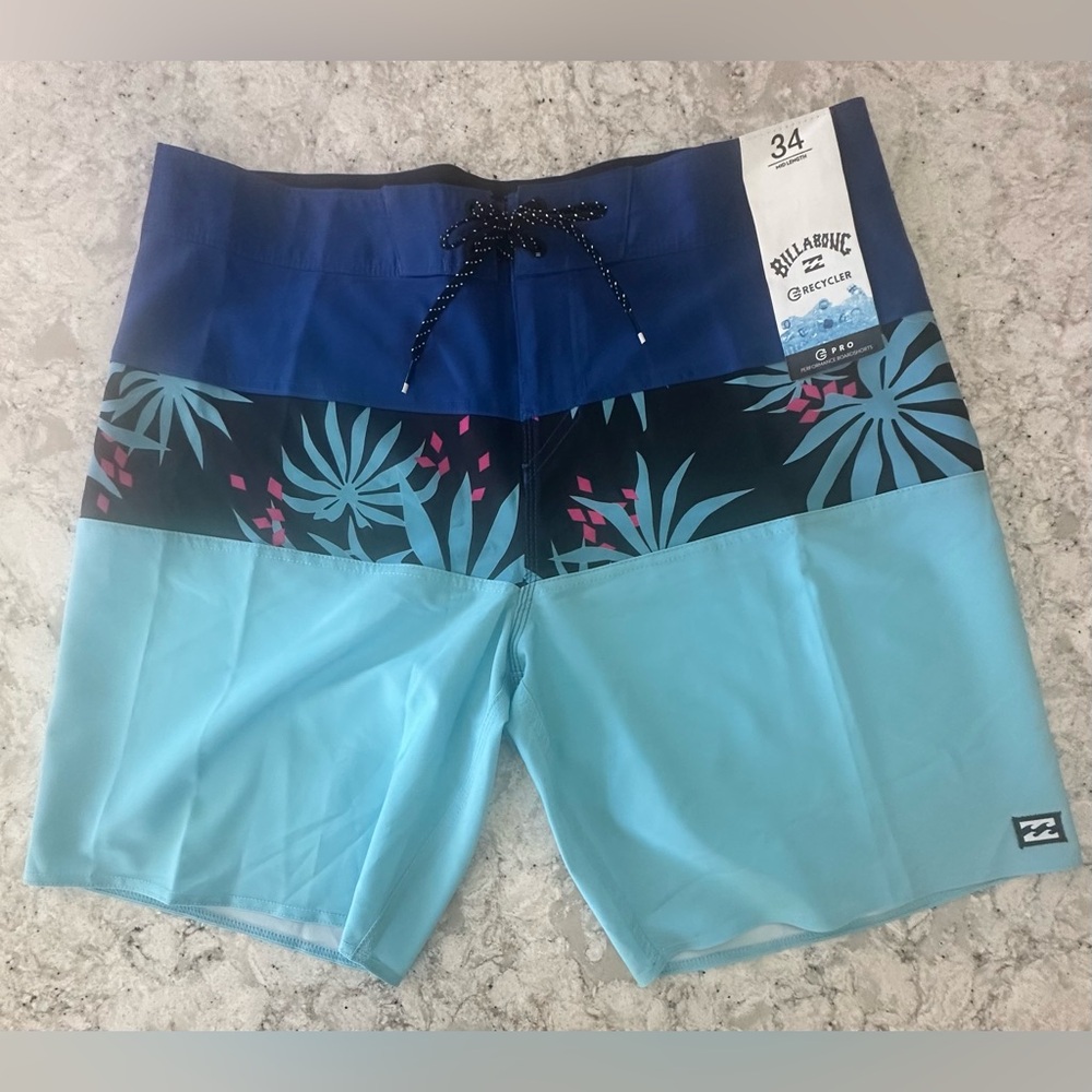 Billabong Pro Performance Tropical Blue & Black Board Shorts Size 34 NWT